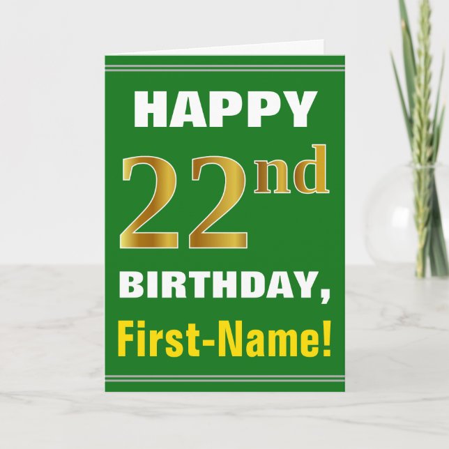 Carte Bold, Green, Faux Gold 22nd Birthday w/ Name Card (Devant)
