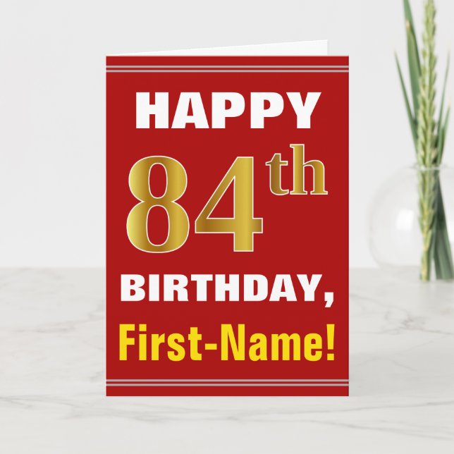 Carte Bold, Red, Faux Gold 84th Birthday w/ Name Card (Devant)