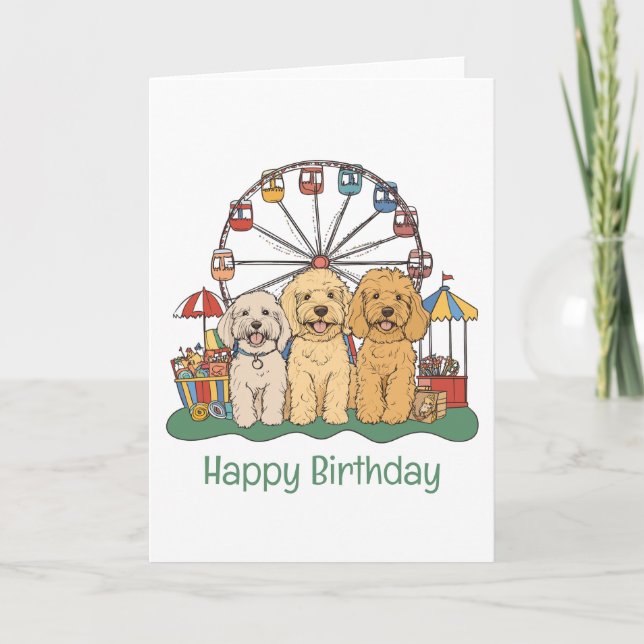 Carte Bon Anniversaire Goldendoodle Chiens À Un Carnaval (Devant)