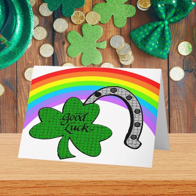 Carte Bon Shamrock de chance, Arc en ciel et fer à cheva (Good Luck Shamrock, Rainbow and Horseshoe Card)