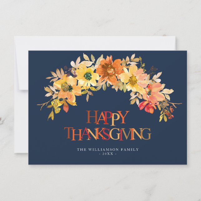 Carte bon thanksgiving bleu marine de fleurs de automne  (Devant)