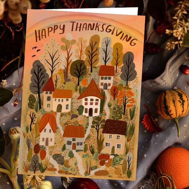 Carte Bon thanksgiving Charme Village Automne Automne Au (Happy Thanksgiving Charming Autumn Village Fall Card
)