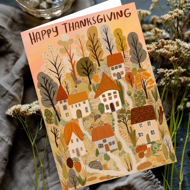 Carte Bon thanksgiving Charme Village Automne Automne Au (Happy Thanksgiving Charming Autumn Village Fall Card
)