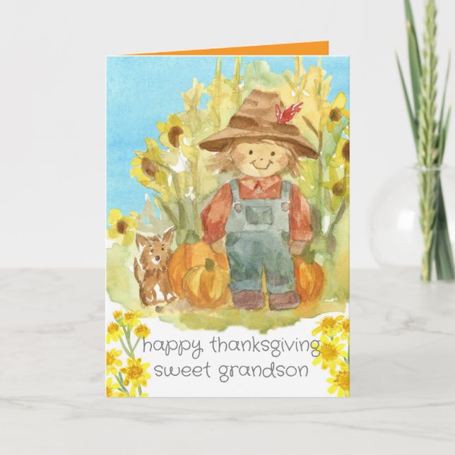 Carte Bon thanksgiving Grandson Fermier Garçon Chien Chi (Devant)