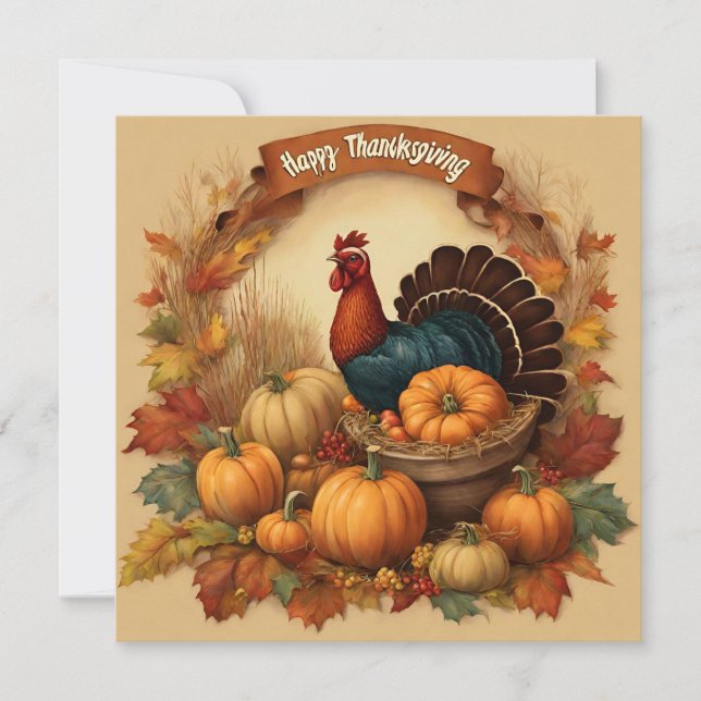 Carte Bon thanksgiving Turquie Vintage avec Citrouilles (Devant)