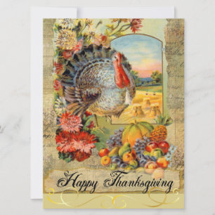 Carte Bon thanksgiving Turquie Vintage, Fruits, Fleurs