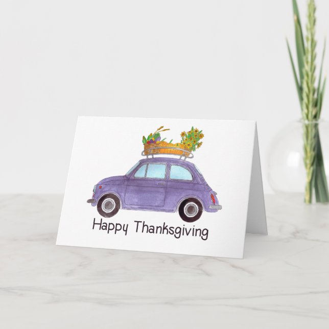 Carte Bon thanksgiving violet rétro Fiat 500 (Devant)