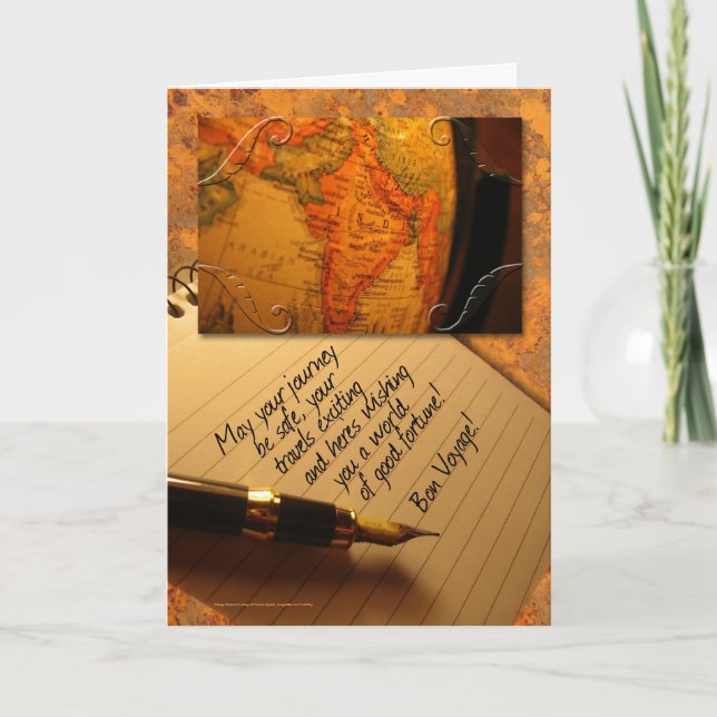Carte Bon Voyage Globe et Stylo Caligraphie avec lettre (Devant)