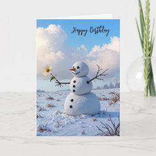 Carte Bonhomme de neige d'anniversaire tenant une margue