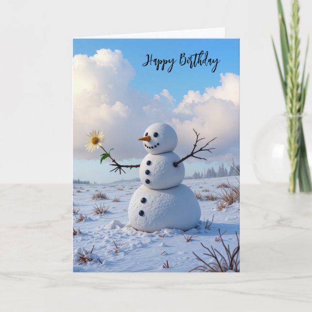Carte Bonhomme de neige d'anniversaire tenant une margue (Devant)