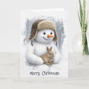 Carte Bonhomme de neige de Noël en forêt hivernale avec