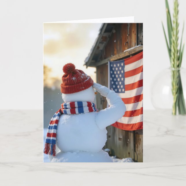 Carte Bonhomme de neige de Noël saluant un drapeau améri (Devant)