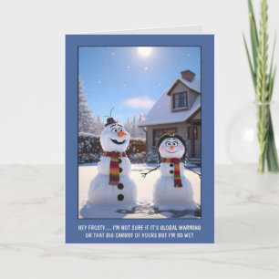 Carte Bonhomme de neige drôle de Noël sur le réchauffeme