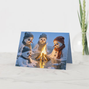Carte Bonhommes de neige de Noël fondant autour d'un feu