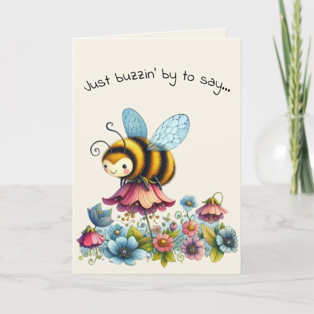 Carte Bonjour Amitié Abeille et Fleurs Fantaisistes (Devant)