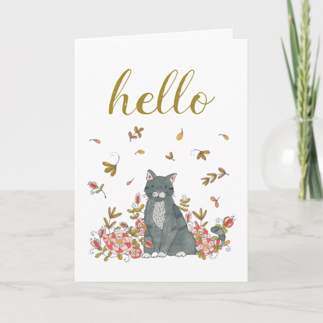 Carte Bonjour Chat et Fleurs Illustré Pensée de vous (Devant)