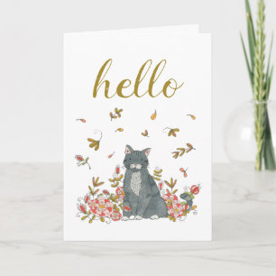 Carte Bonjour Chat et Fleurs Illustré Pensée de vous