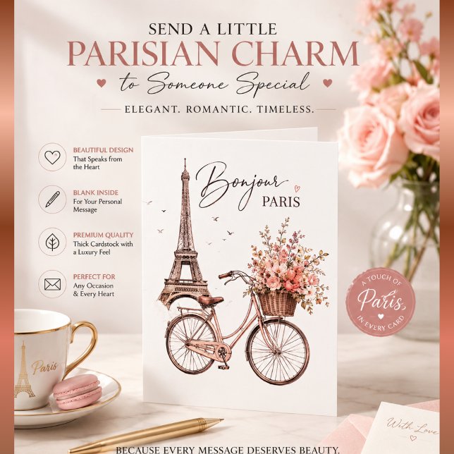 Carte Bonjour Paris Tour Eiffel Vélo Fleurs Message de b (Créateur téléchargé)