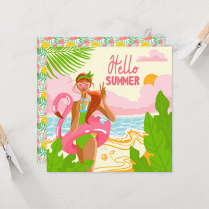 Carte Bonjour Summer Beach Girl Greeting Card