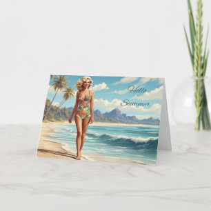 Carte Bonjour Summer Retro Lady Walking sur la plage