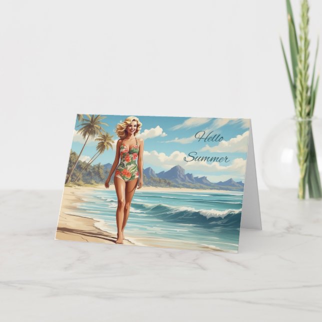 Carte Bonjour Summer Retro Lady Walking sur la plage (Devant)