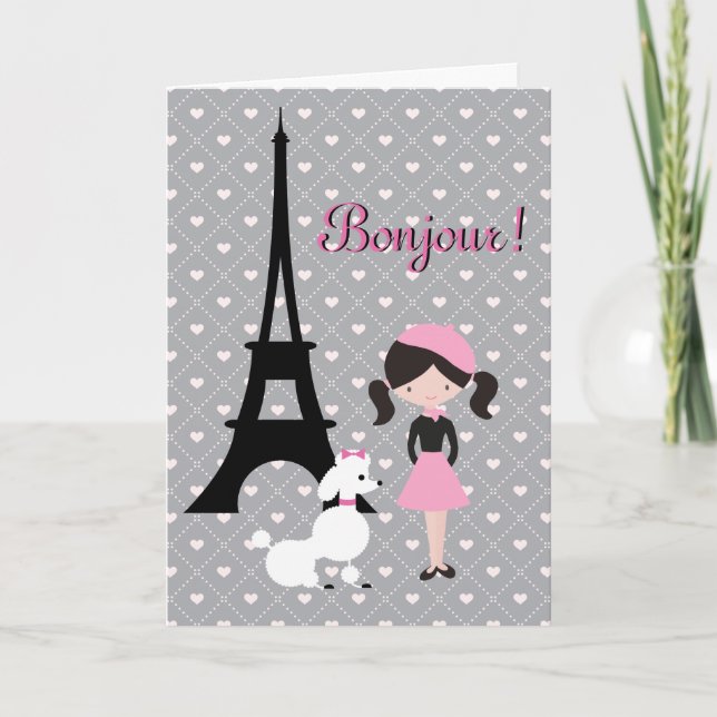 Carte Bonjour Tour Eiffel, caniche et anniversaire fémin (Devant)