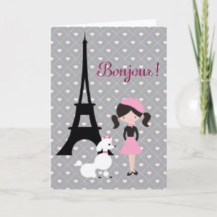 Carte Bonjour Tour Eiffel, caniche et anniversaire fémin