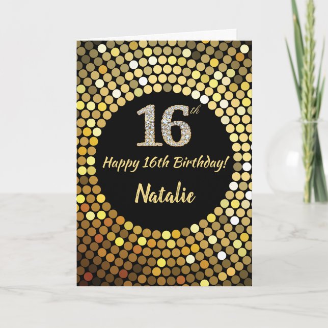 Carte Bonne 16e anniversaire Black and Gold Parties scin (Devant)