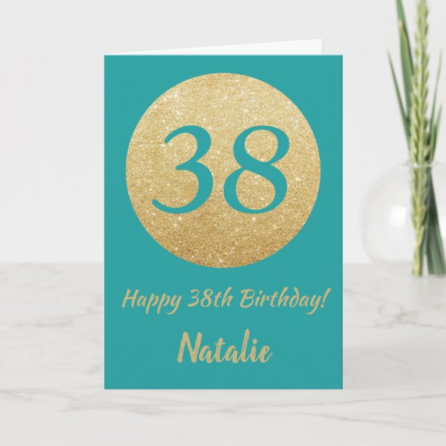 Carte Bonne 38e anniversaire Turquoise et Parties scinti (Devant)