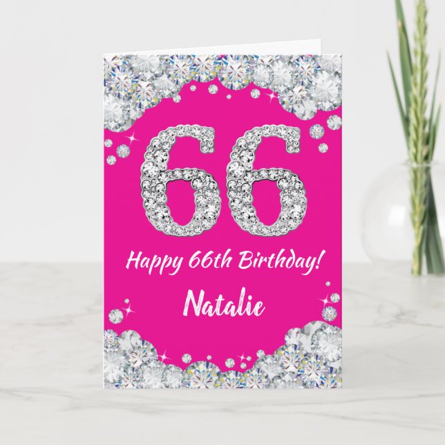 Carte Bonne 66e anniversaire Hot rose et Parties scintil (Devant)