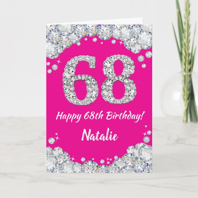 Carte Bonne 68e anniversaire Hot rose et Parties scintil (Devant)