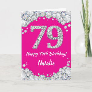 Carte Bonne 79e anniversaire Hot rose et Parties scintil