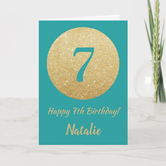 Carte Bonne 7e anniversaire Turquoise et Parties scintil (Devant)