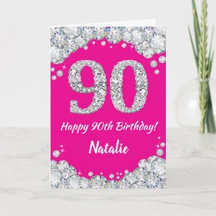 Carte Bonne 90e anniversaire Hot rose et Parties scintil