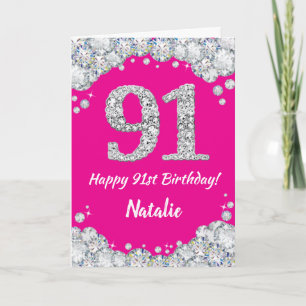 Carte Bonne 91e anniversaire Hot rose et Parties scintil