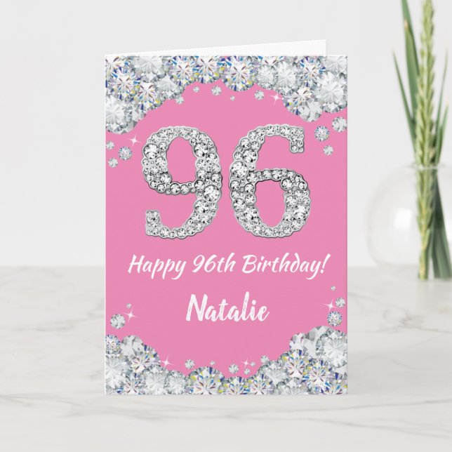 Carte Bonne 96e anniversaire Pink and Silver Parties sci (Devant)