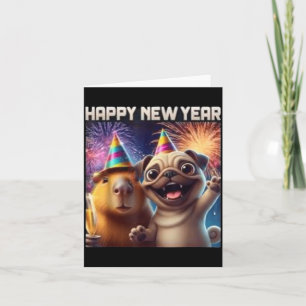 Carte Bonne année 2026 Capybara Pug Party Art 