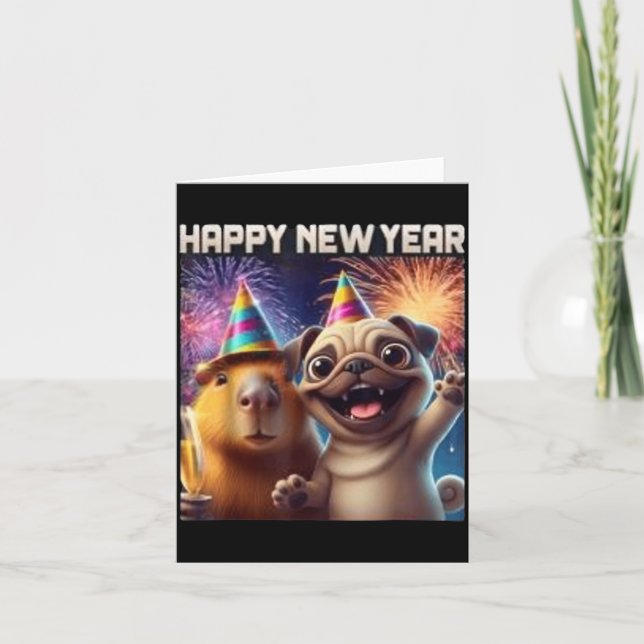 Carte Bonne année 2026 Capybara Pug Party Art  (Devant)