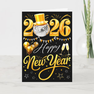 Carte Bonne année 2026 Chapeau Doré Balle Disco Ballon C