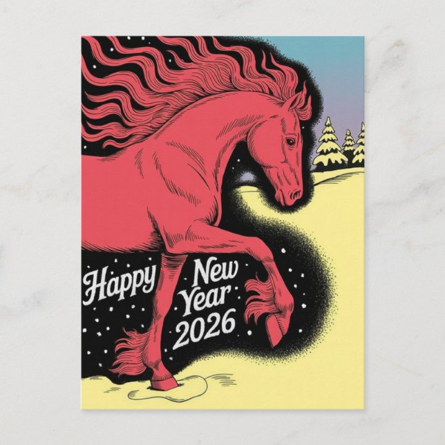 Carte Bonne Année 2026 Cheval Rouge (Devant)