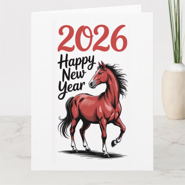 Carte Bonne Année 2026 Cheval Rouge Illustration (Devant)