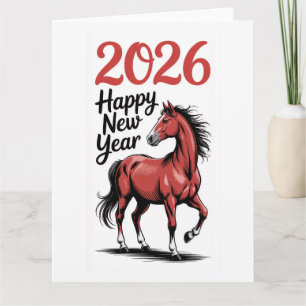 Carte Bonne Année 2026 Cheval Rouge Illustration
