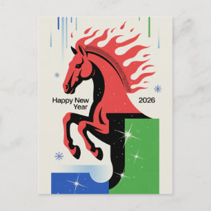 Carte Bonne Année 2026 Cheval Rouge Style Vintage