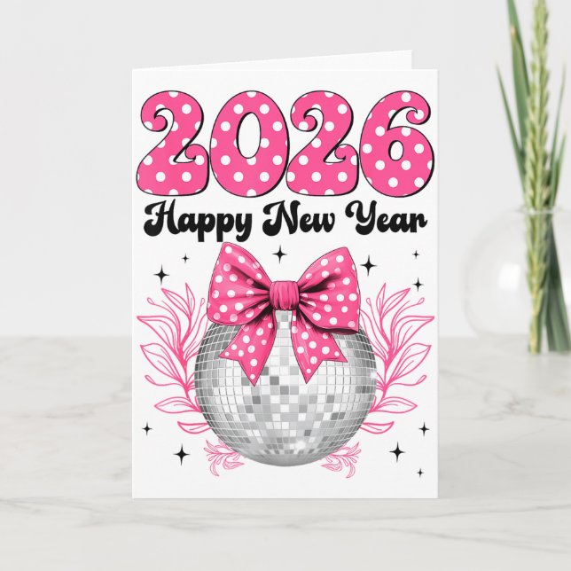 Carte Bonne année 2026 Coquette Nœud & Boule Disco  (Devant)