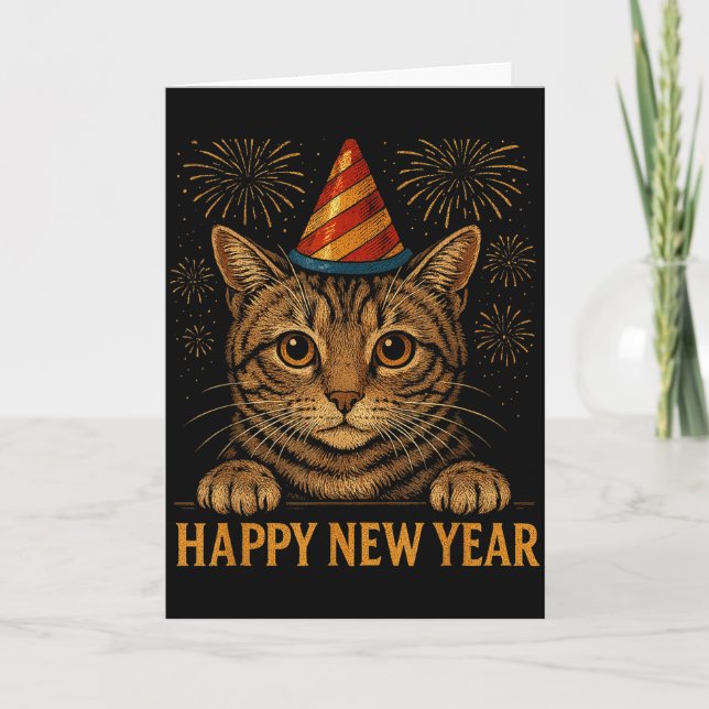 Carte Bonne année 2026 drôle Chat qui regarde la fête du (Devant)