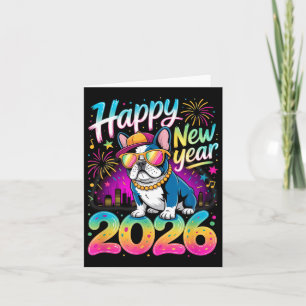 Carte Bonne année 2026 Fête de feux d'artifice Bouledogu