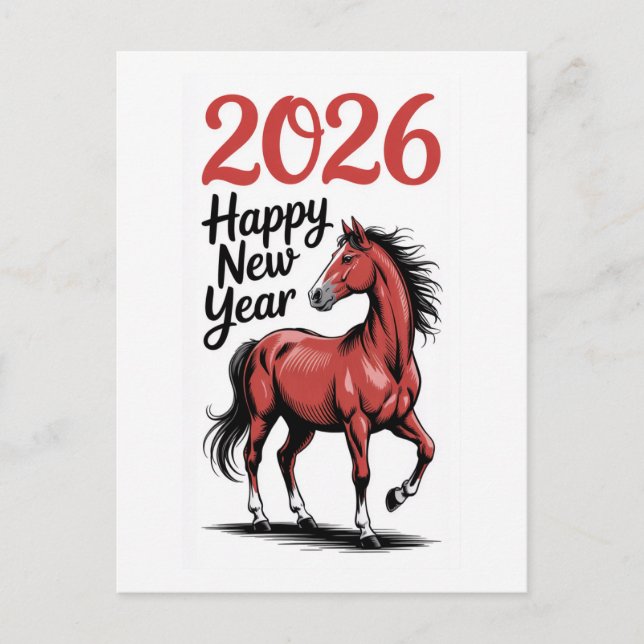 Carte Bonne Année 2026 Illustration Cheval Rouge (Devant)