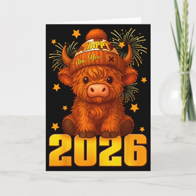 Carte Bonne année 2026 Vache des Highlands & Chapeau de  (Devant)