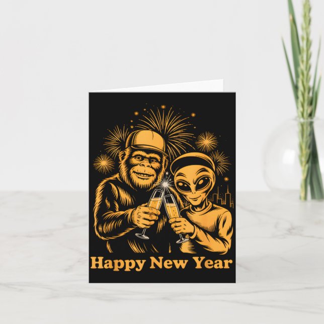 Carte Bonne Année Bigfoot Et Alien Sasquatch Feu d'Artif (Devant)