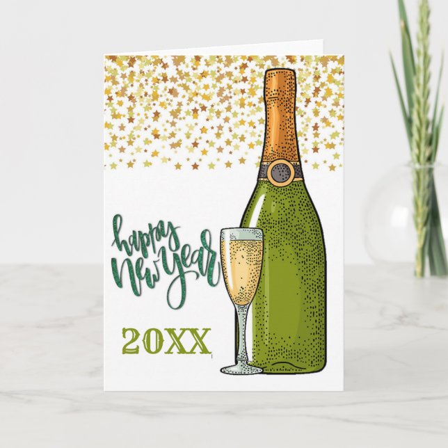 Carte Bonne année Champagne et Étoiles Dorées (Devant)